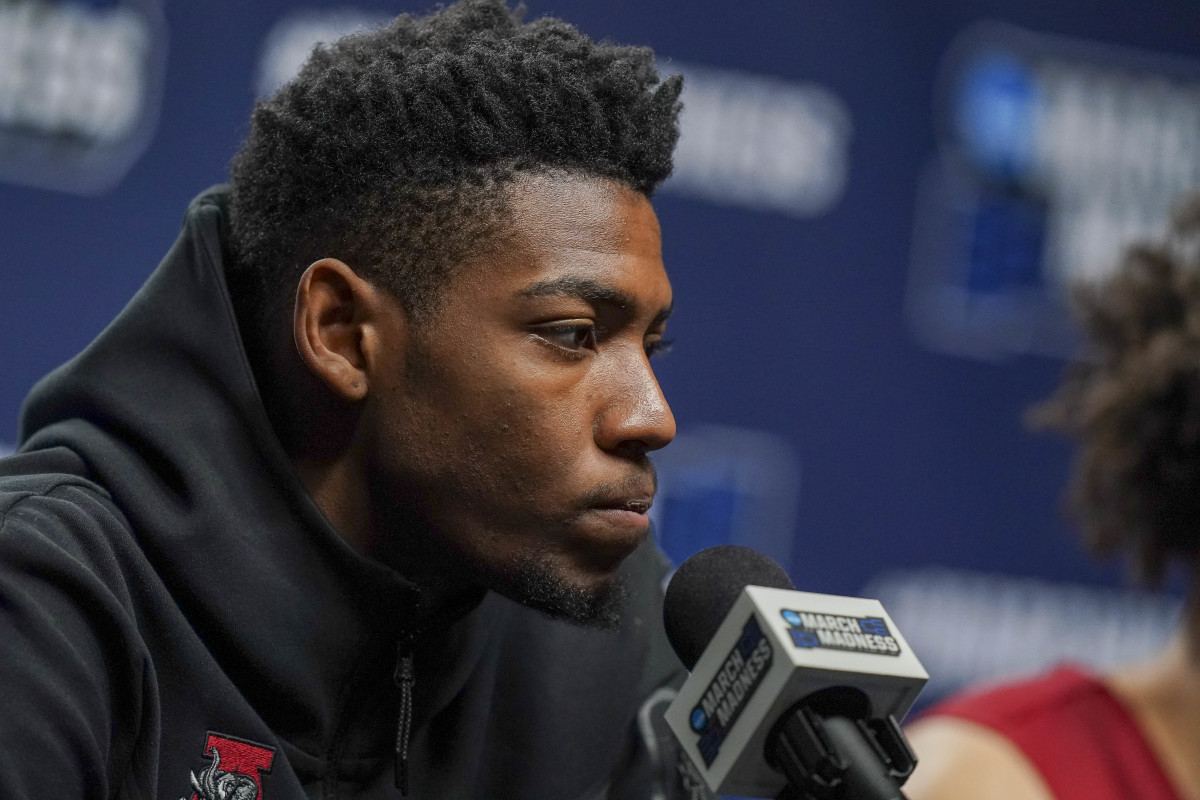 Mar 15, 2023; Birmingham, AL, USA; Alabama Crimson Tide forward Brandon Miller (24) speaks to the media prior to practice at Legacy Arena.